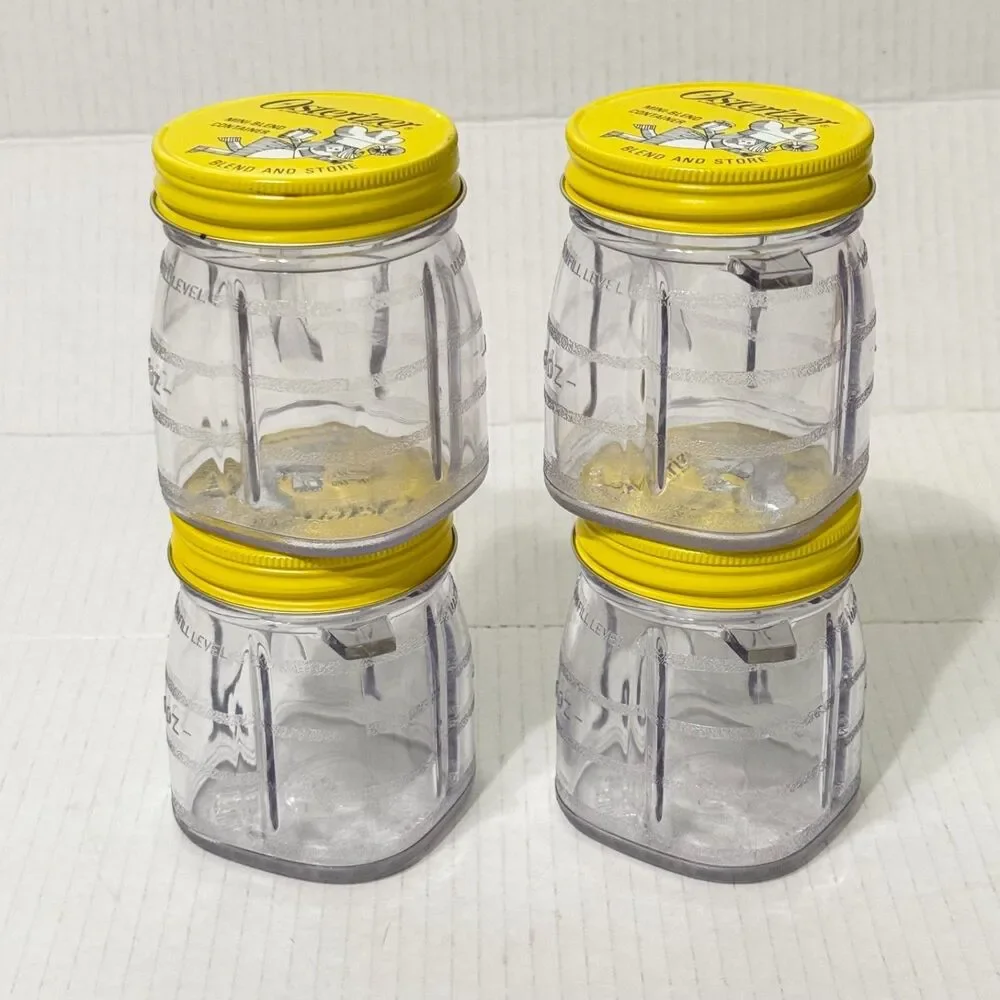 4 Vtg Osterizer Blend &  Store Mini Container / Jar 8oz Yellow Metal Lid Clean!